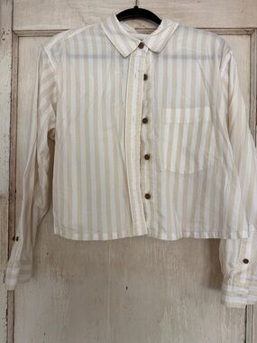 Everlane Beige and White Striped Cropped Button-Down Shirt